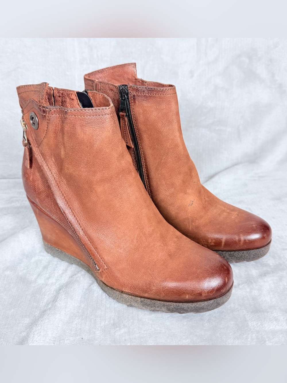 Miz Mooz Star Cognac Leather Wedge Ankle Boots EU 41 Brown Boho